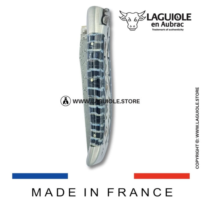 laguiole pocket knife – damascus balbach blade & double liners – blue mammoth molar