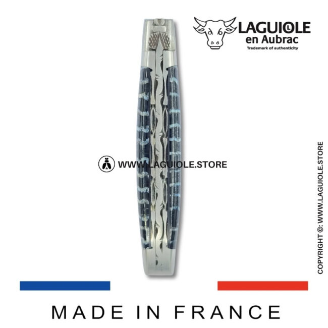laguiole pocket knife – damascus balbach blade & double liners – blue mammoth molar