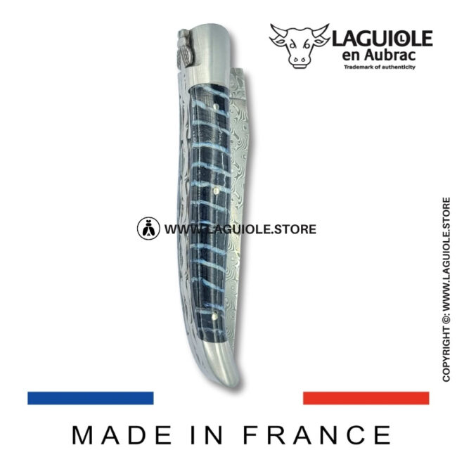 laguiole pocket knife – damascus balbach blade & double liners – blue mammoth molar