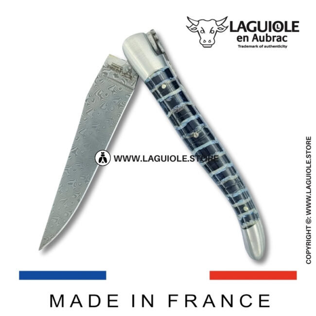laguiole pocket knife – damascus balbach blade & double liners – blue mammoth molar