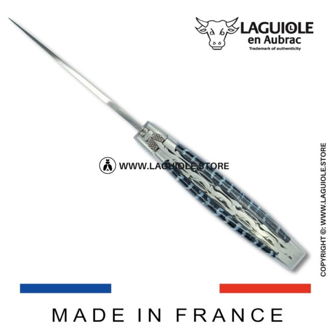 laguiole pocket knife – damascus balbach blade & double liners – blue mammoth molar