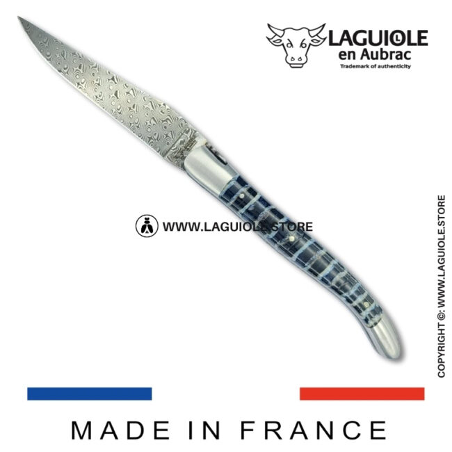 laguiole pocket knife – damascus balbach blade & double liners – blue mammoth molar