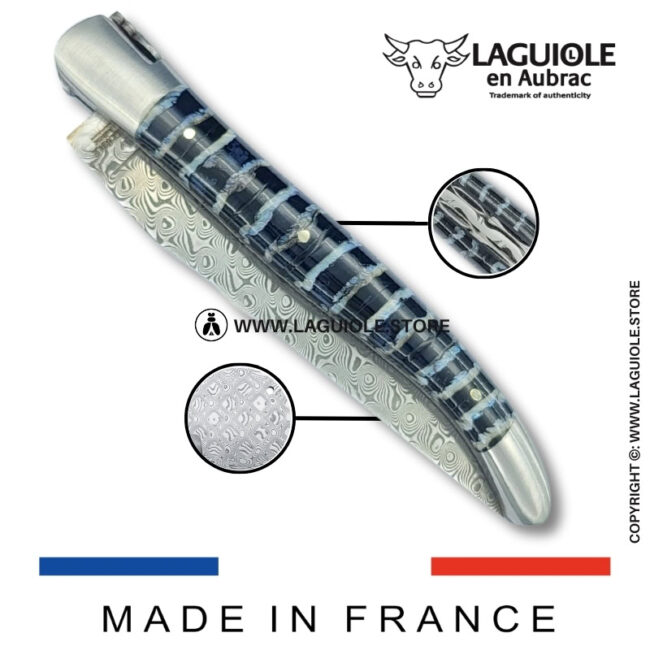 laguiole pocket knife – damascus balbach blade & double liners – blue mammoth molar