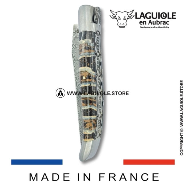 laguiole pocket knife – damascus balbach blade & double liners – brown mammoth molar