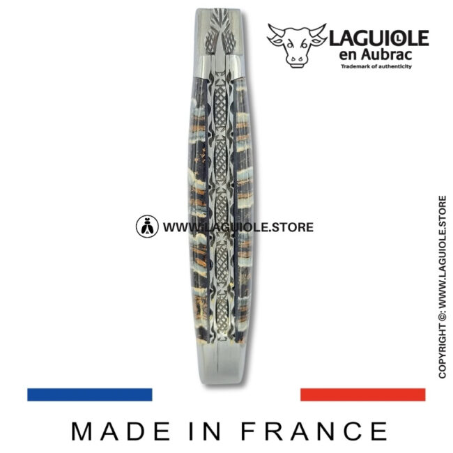laguiole pocket knife – damascus balbach blade & double liners – brown mammoth molar