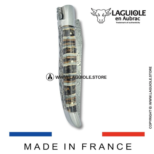 laguiole pocket knife – damascus balbach blade & double liners – brown mammoth molar