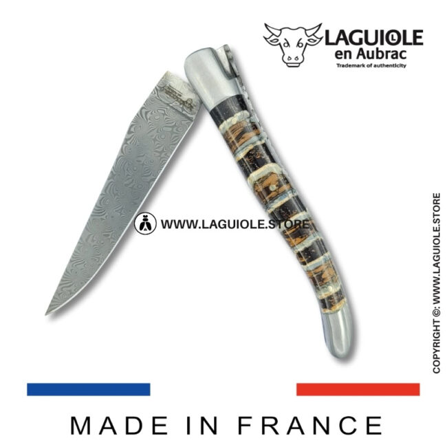laguiole pocket knife – damascus balbach blade & double liners – brown mammoth molar