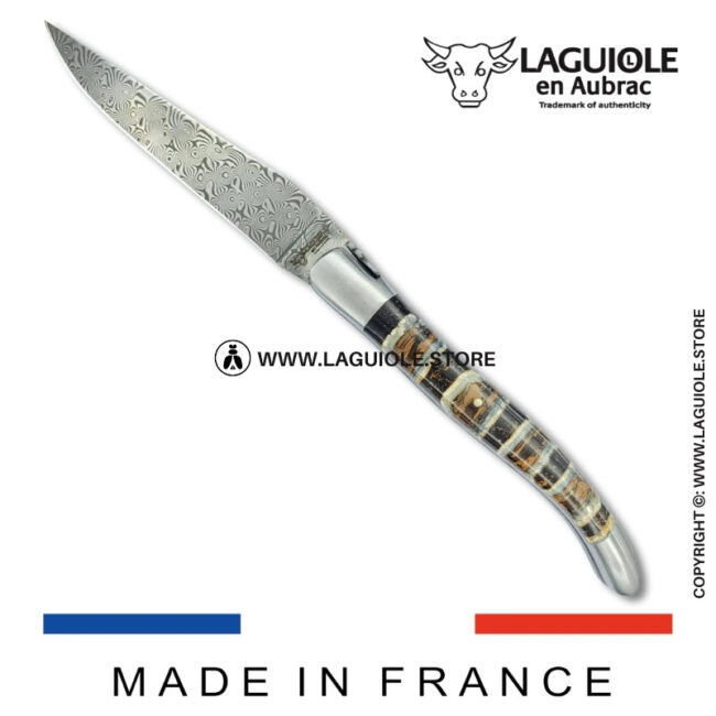 laguiole pocket knife – damascus balbach blade & double liners – brown mammoth molar