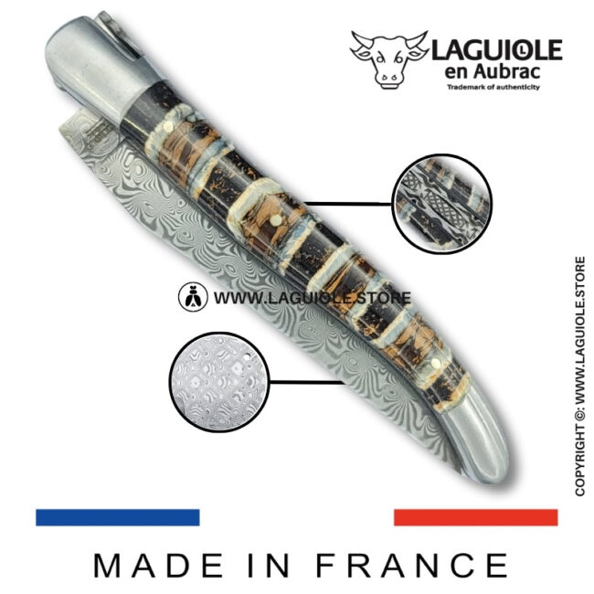 laguiole pocket knife – damascus balbach blade & double liners – brown mammoth molar