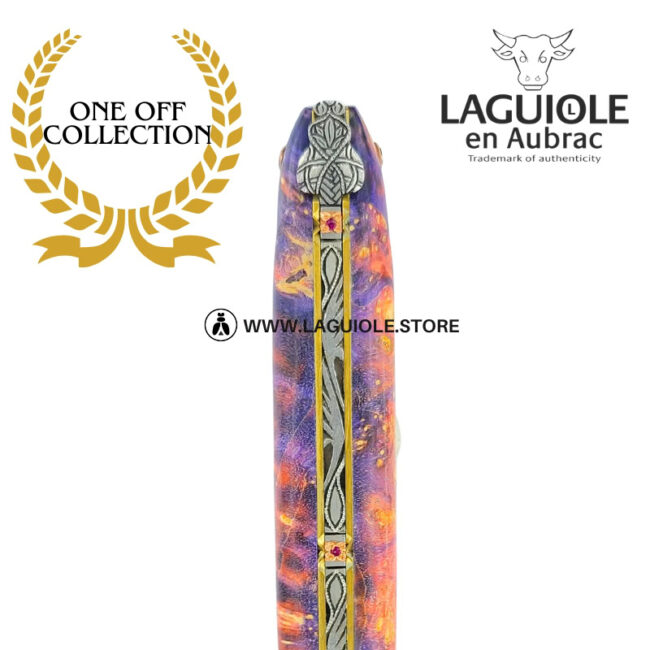 phoenix regalia: full handle laguiole pocket knife in multicolor elder burl with stone insert
