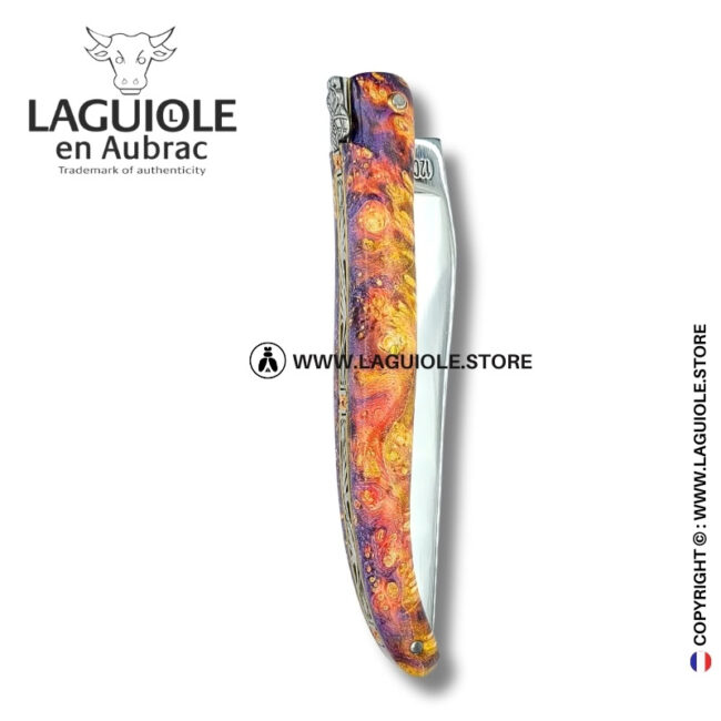 phoenix regalia: full handle laguiole pocket knife in multicolor elder burl with stone insert