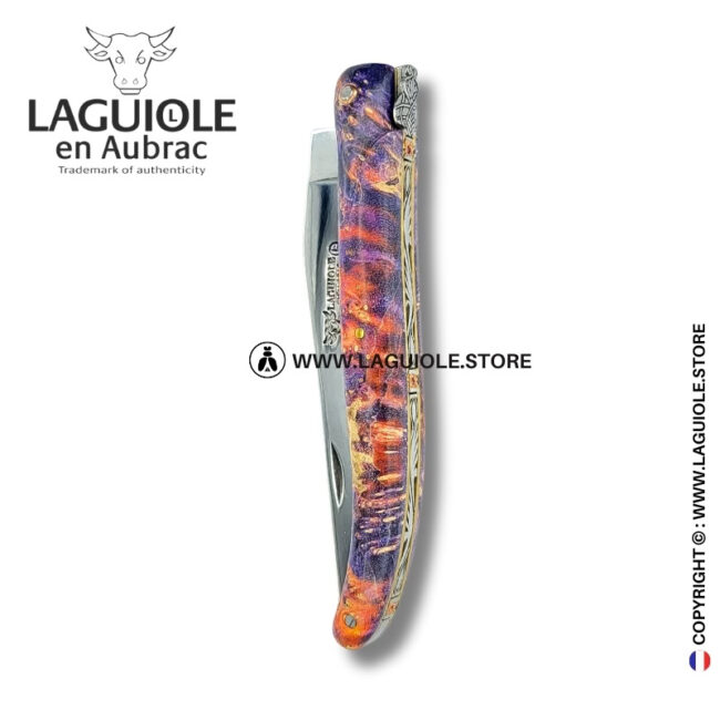 phoenix regalia: full handle laguiole pocket knife in multicolor elder burl with stone insert