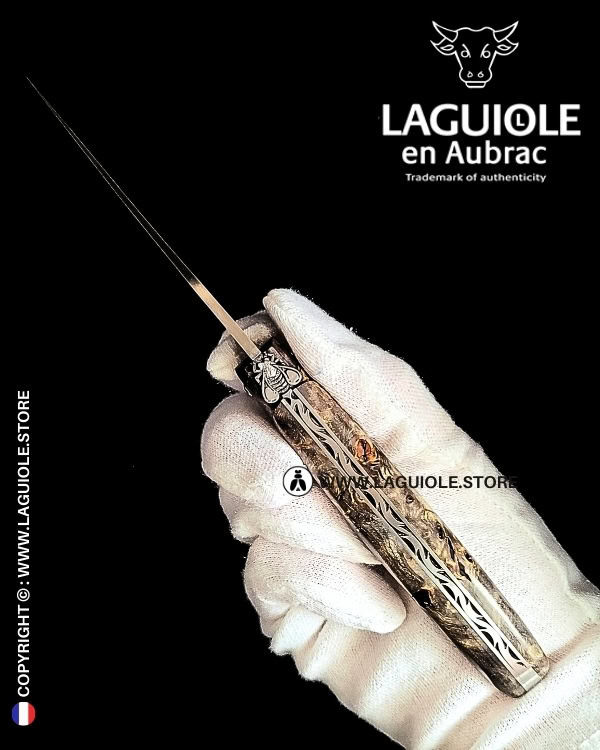 shadow weave: laguiole pocket knife in blackened poplar burl – stainless damascus blade