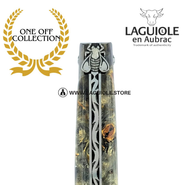 shadow weave: laguiole pocket knife in blackened poplar burl – stainless damascus blade