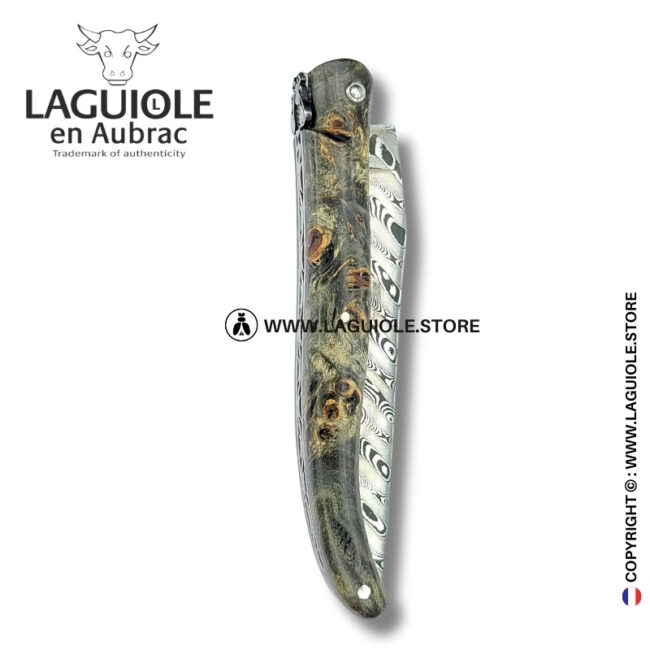 shadow weave: laguiole pocket knife in blackened poplar burl – stainless damascus blade