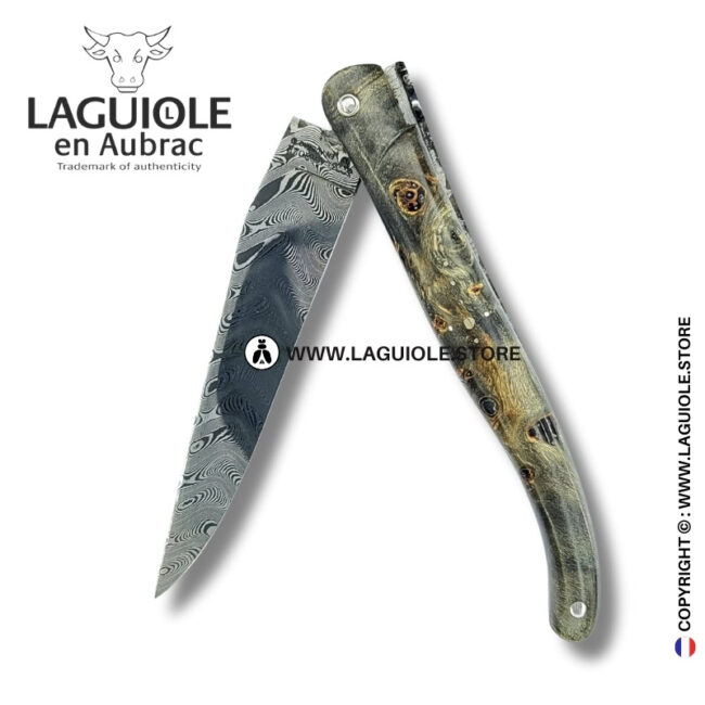 shadow weave: laguiole pocket knife in blackened poplar burl – stainless damascus blade
