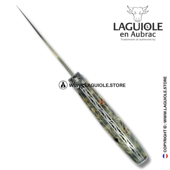 shadow weave: laguiole pocket knife in blackened poplar burl – stainless damascus blade