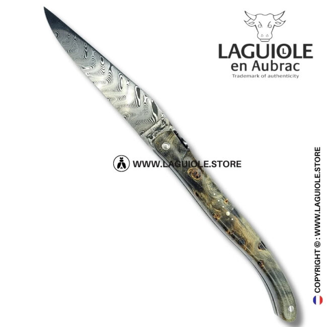 shadow weave: laguiole pocket knife in blackened poplar burl – stainless damascus blade