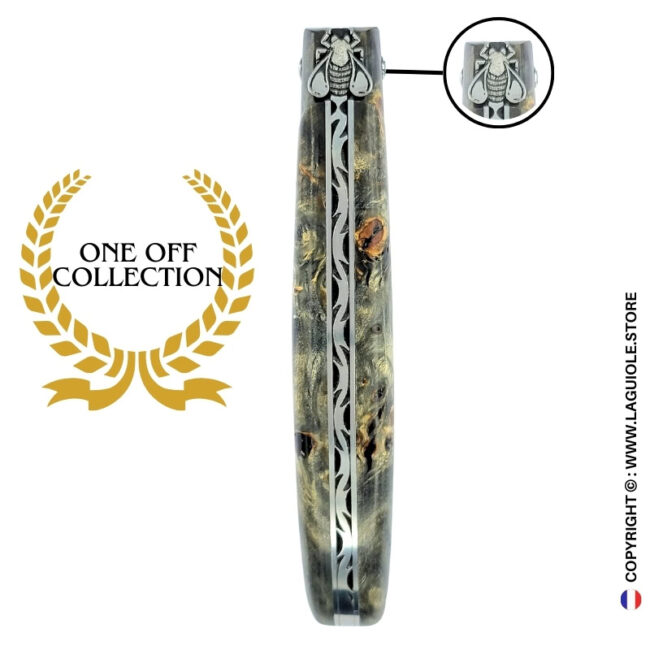 shadow weave: laguiole pocket knife in blackened poplar burl – stainless damascus blade