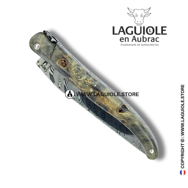 shadow weave: laguiole pocket knife in blackened poplar burl – stainless damascus blade