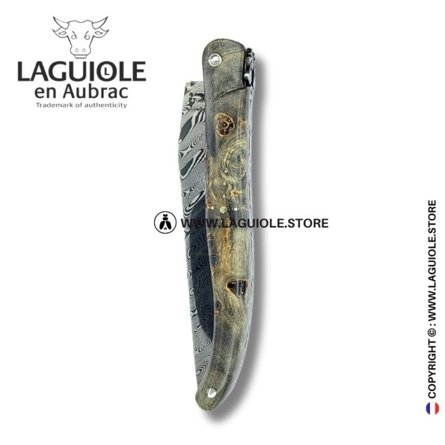 shadow weave: laguiole pocket knife in blackened poplar burl – stainless damascus blade