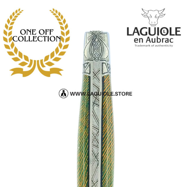 striped elven queen: laguiole pocket knife in green and brown plane wood – hand engraved bee and bolsters