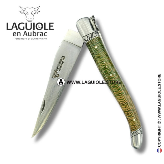 striped elven queen: laguiole pocket knife in green and brown plane wood – hand engraved bee and bolsters