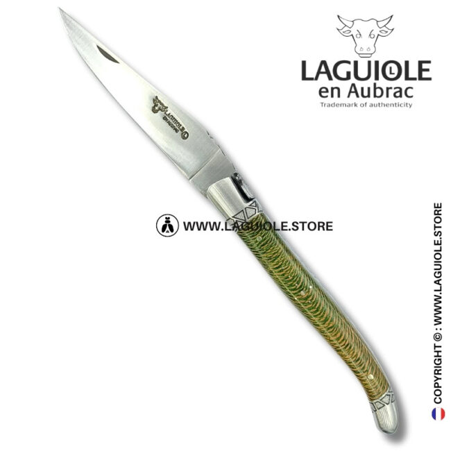 striped elven queen: laguiole pocket knife in green and brown plane wood – hand engraved bee and bolsters