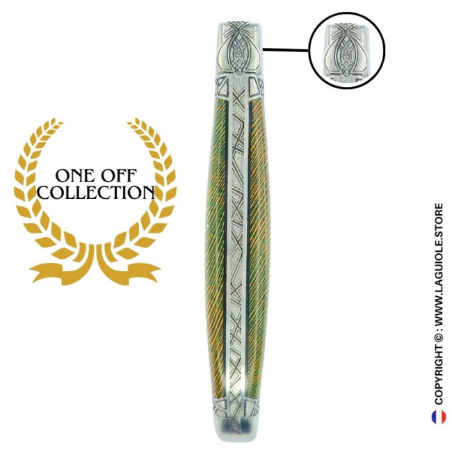 striped elven queen: laguiole pocket knife in green and brown plane wood – hand engraved bee and bolsters
