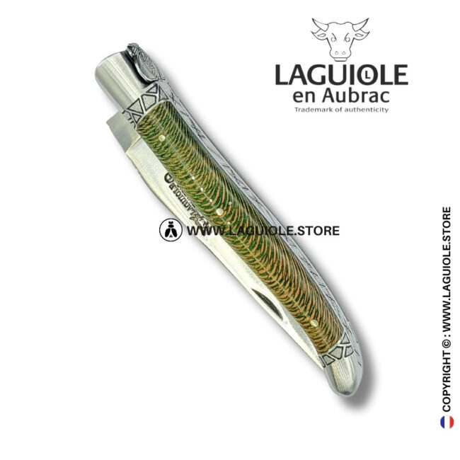 striped elven queen: laguiole pocket knife in green and brown plane wood – hand engraved bee and bolsters