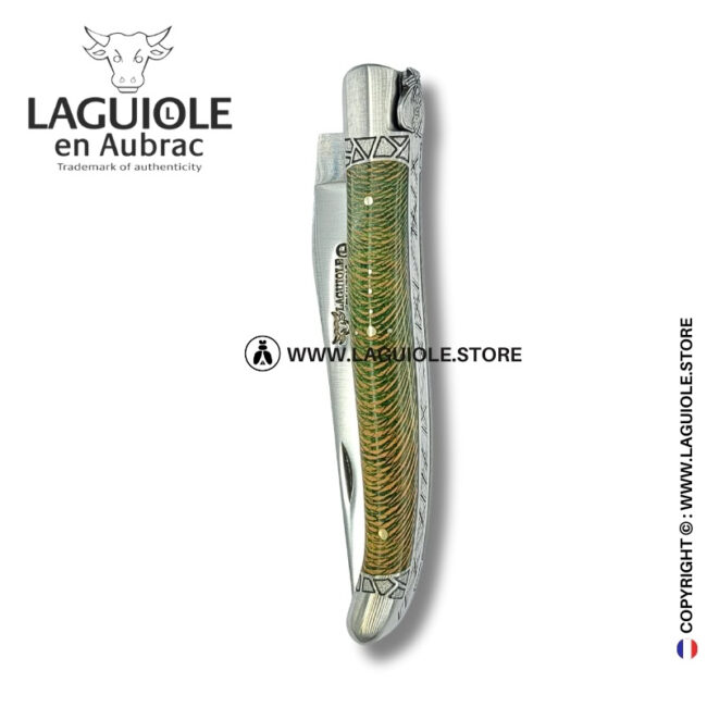 striped elven queen: laguiole pocket knife in green and brown plane wood – hand engraved bee and bolsters