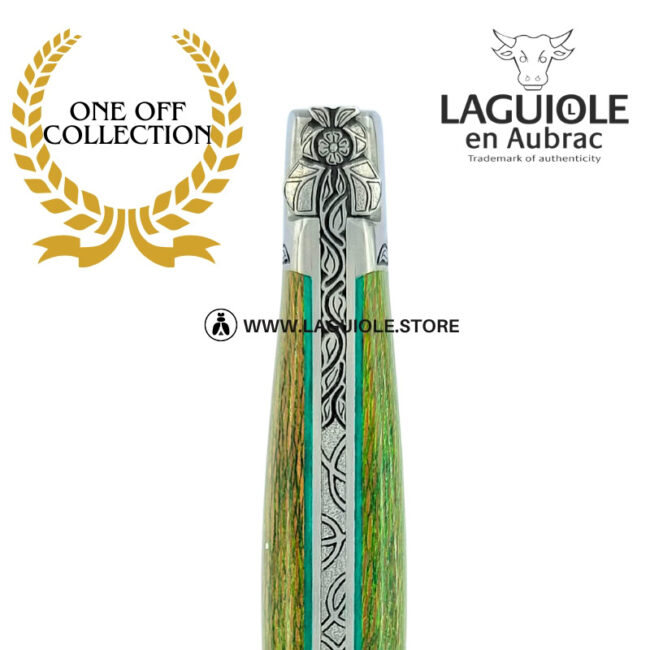 verdant forest queen: laguiole pocket knife in green and beige plane wood hand engraved bee and bolsters