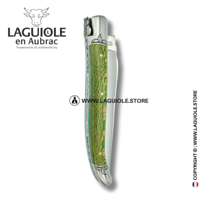 verdant forest queen: laguiole pocket knife in green and beige plane wood hand engraved bee and bolsters