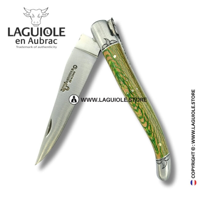 verdant forest queen: laguiole pocket knife in green and beige plane wood hand engraved bee and bolsters