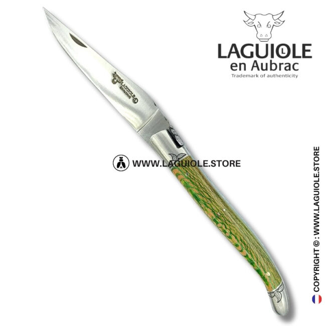 verdant forest queen: laguiole pocket knife in green and beige plane wood hand engraved bee and bolsters