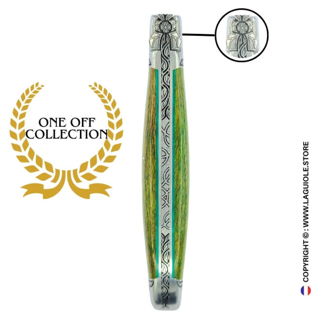 verdant forest queen: laguiole pocket knife in green and beige plane wood hand engraved bee and bolsters