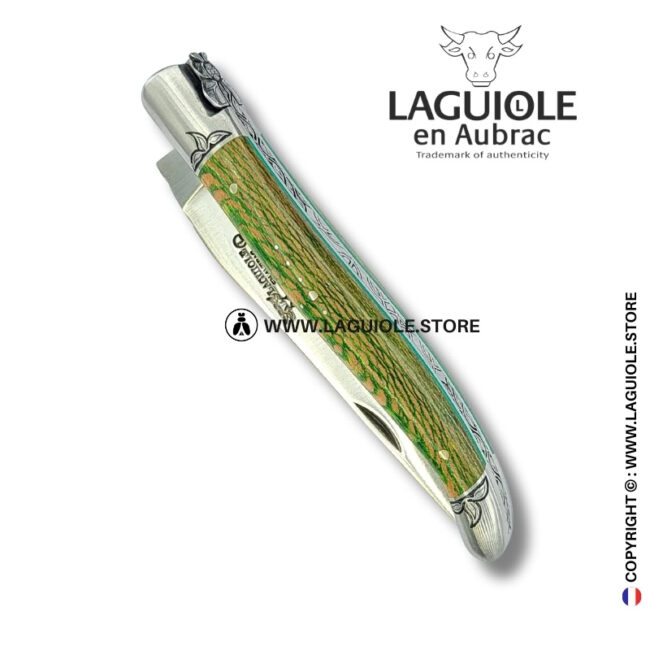 verdant forest queen: laguiole pocket knife in green and beige plane wood hand engraved bee and bolsters