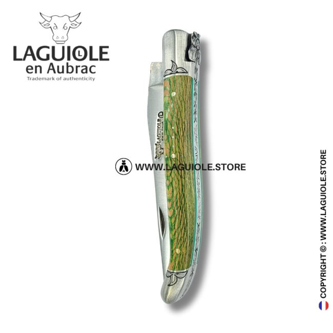 verdant forest queen: laguiole pocket knife in green and beige plane wood hand engraved bee and bolsters